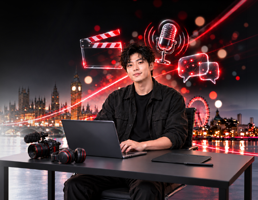 Student at a desk with a laptop, camera and headphones in front of the London skyline, with film, podcast and chat icons