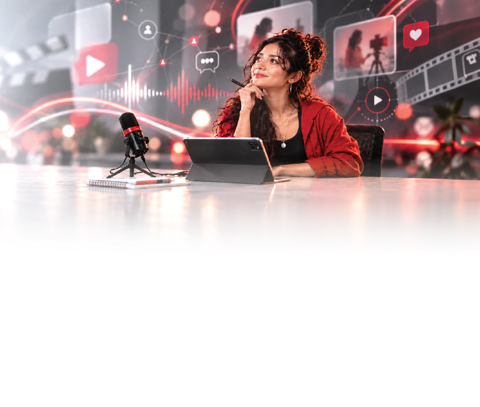 Student with a microphone and tablet surrounded by video and social media screens
