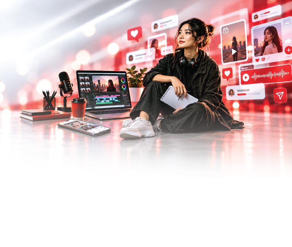 Student sitting on a studio floor beside a laptop, microphone and social media screens
