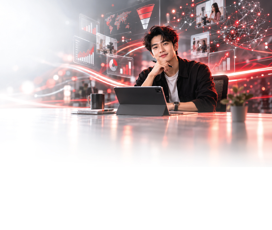 Student at a laptop in front of digital marketing data screens