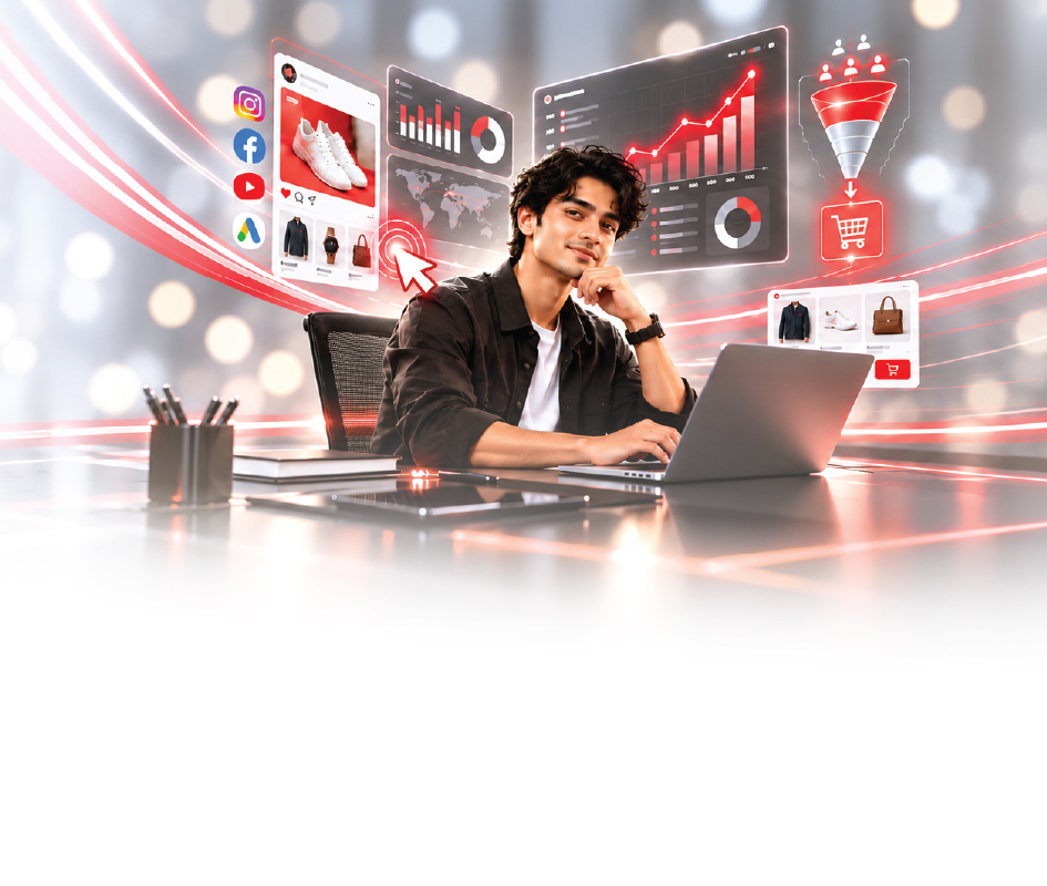 Student at a laptop surrounded by e-commerce and analytics graphics
